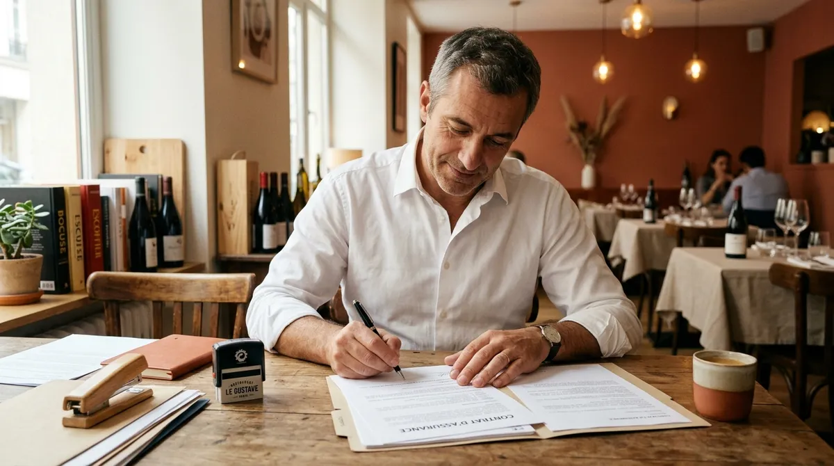 Restaurateur signant un contrat d'assurance dans l'arrière-salle de son restaurant