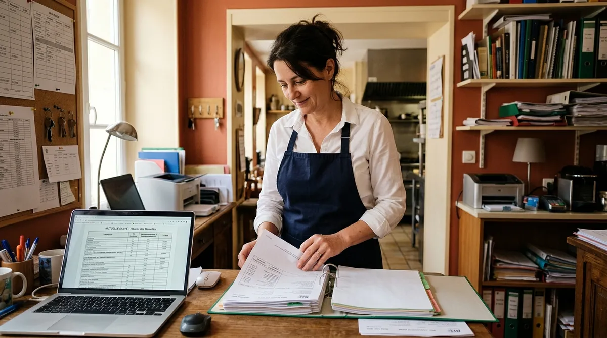 Gérante de restaurant en train de gérer le dossier mutuelle salariés