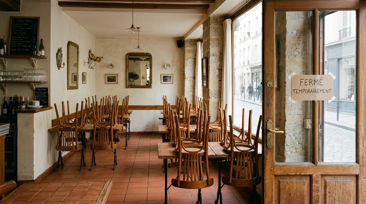 Salle de restaurant fermée après sinistre, chaises sur les tables