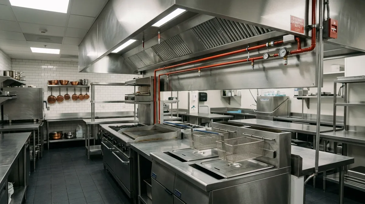 Cuisine professionnelle avec friteuse et hotte en inox