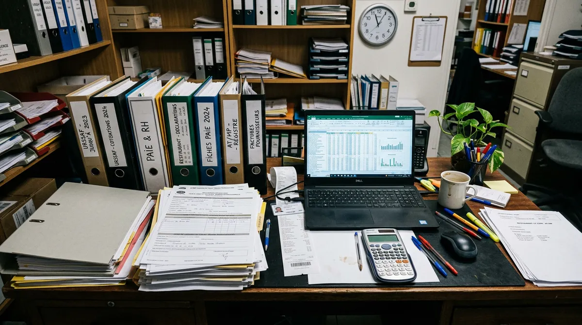 Bureau avec dossiers URSSAF et formulaires AT/MP