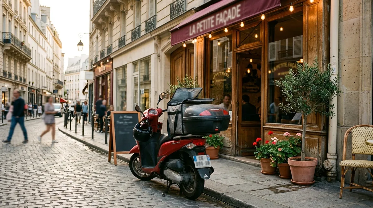 Scooter de livraison de restaurant garé devant un établissement