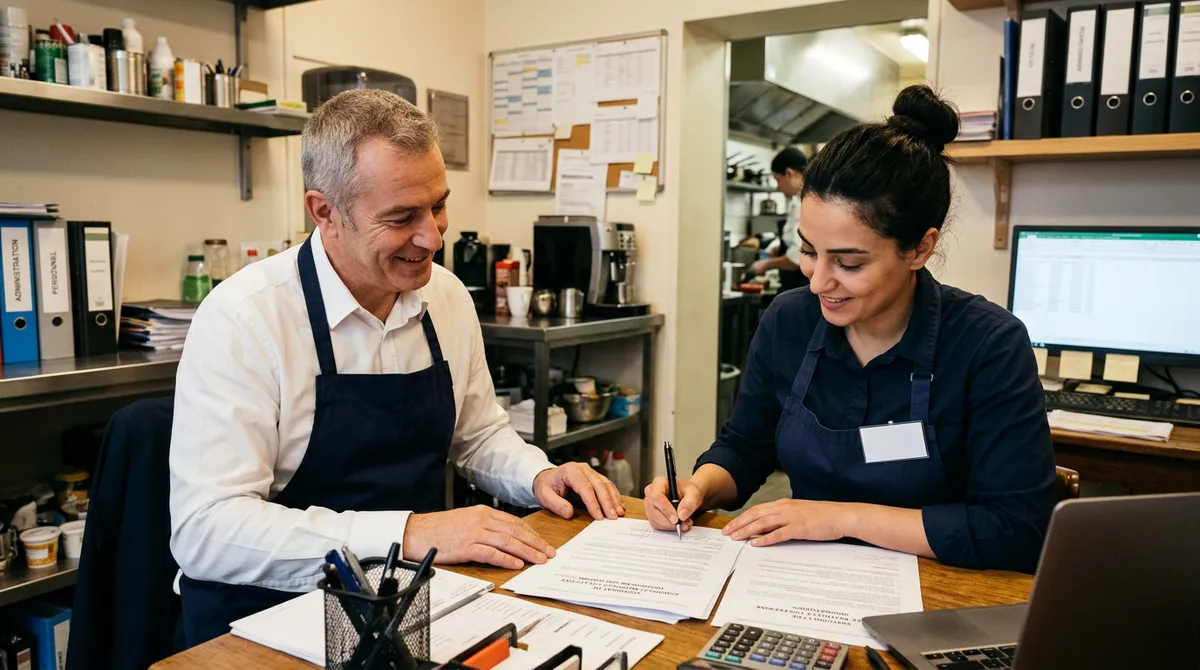 Salarié de restaurant signant un contrat de mutuelle collective