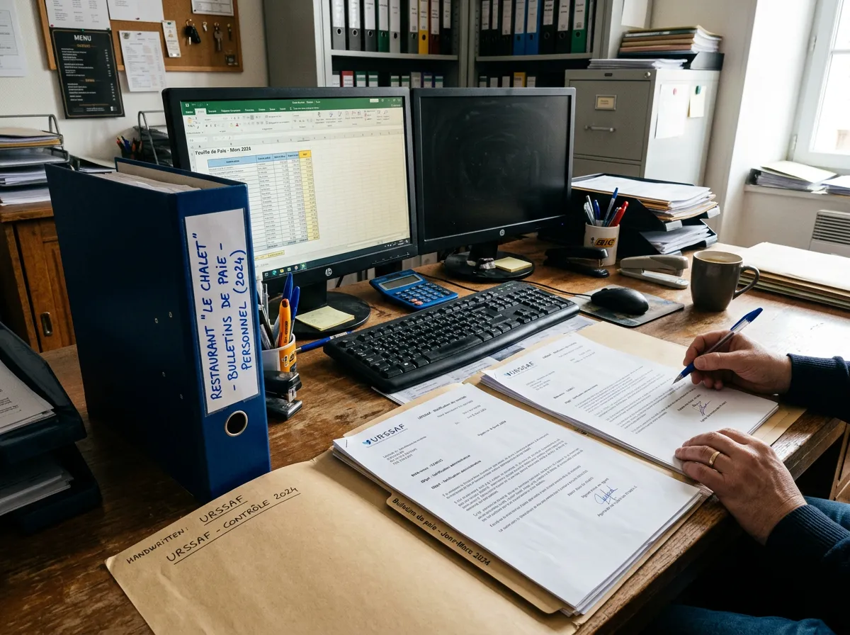 Bureau de gestionnaire de paie restaurant avec dossiers URSSAF