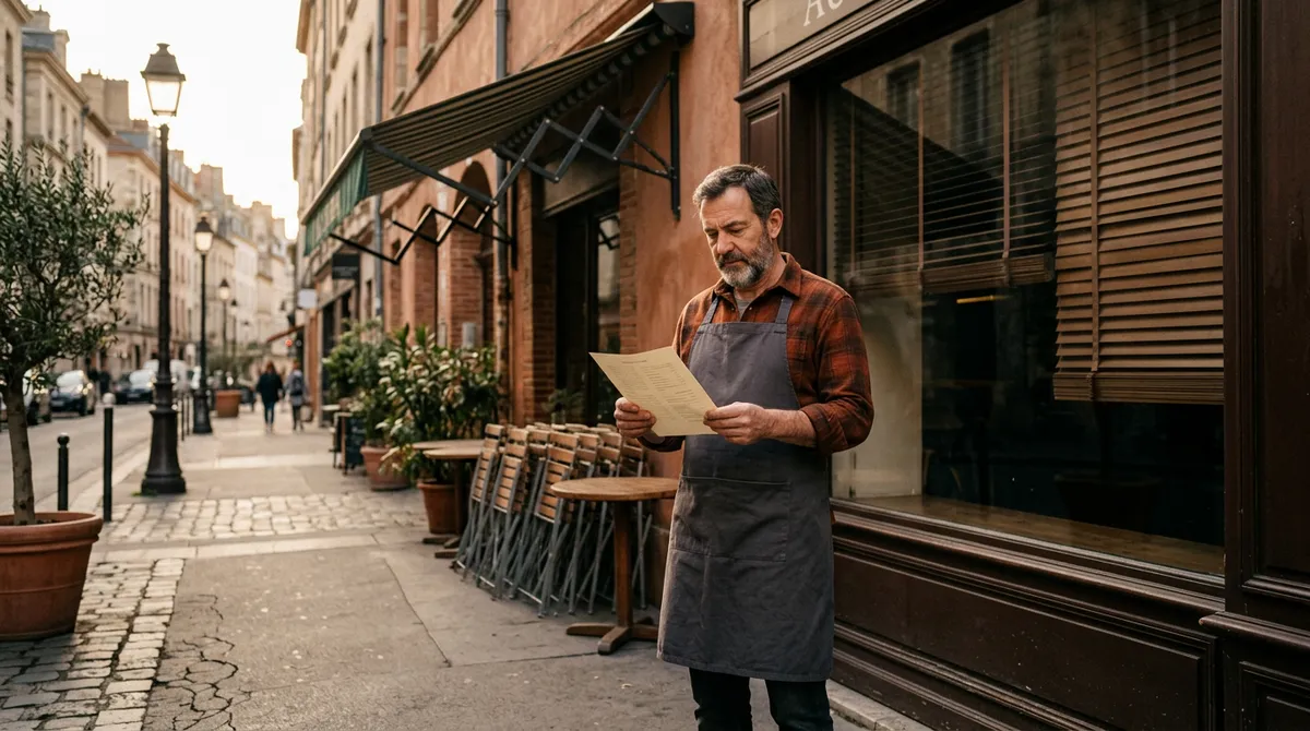 Restaurateur lisant son bail commercial devant la vitrine de son restaurant