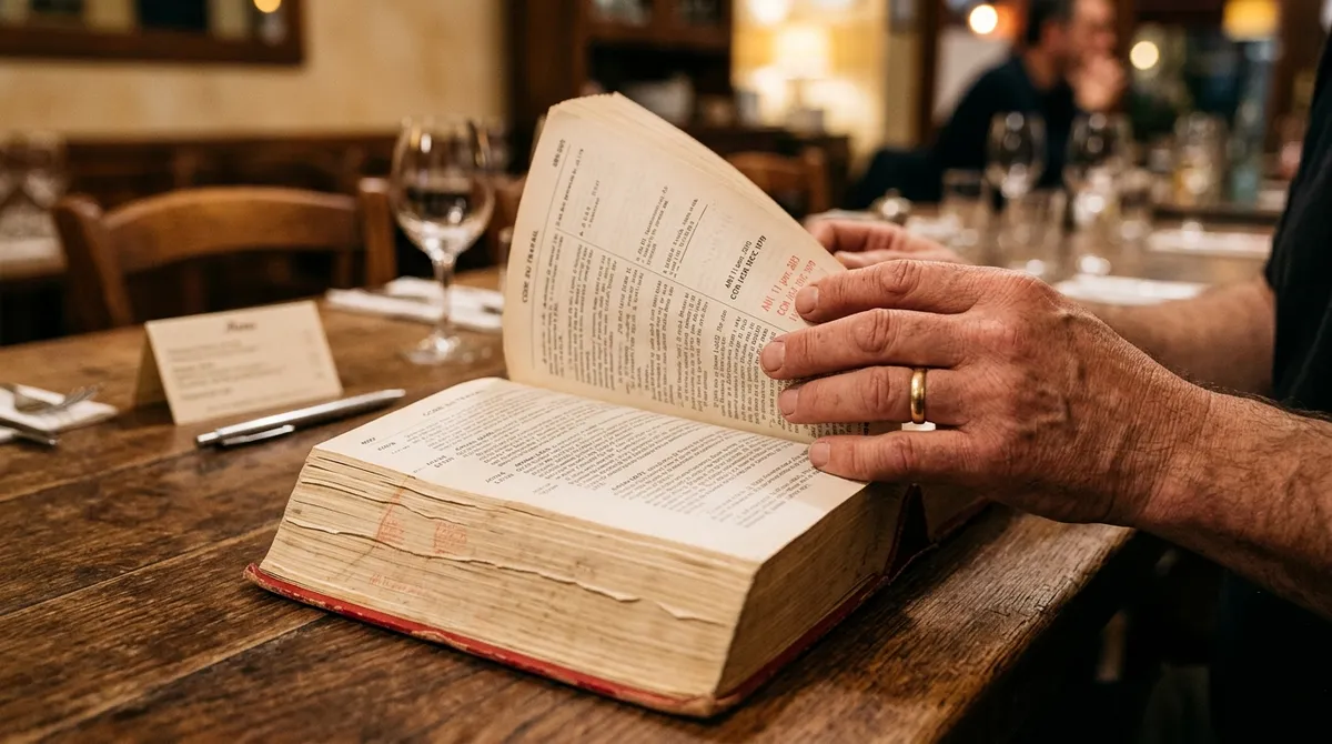 Mains de restaurateur consultant un Code des assurances